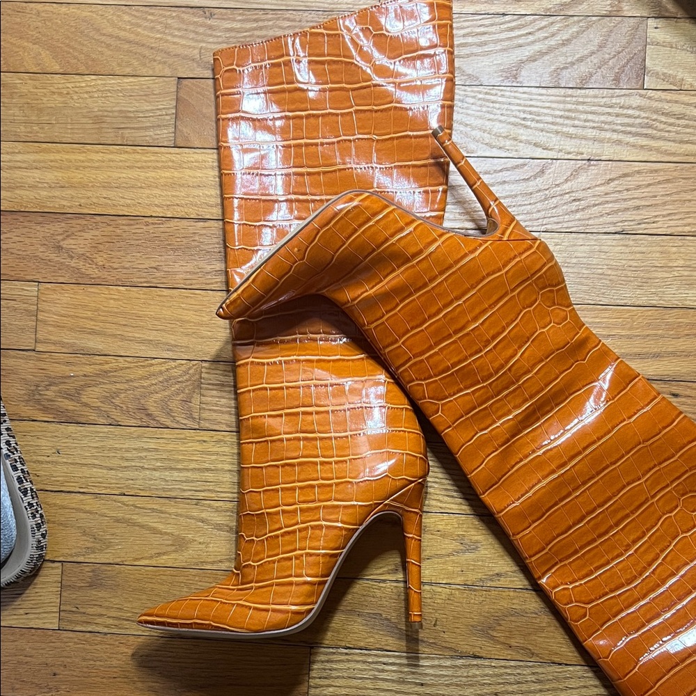 Jlo Orange Croc-Embossed Knee-High Boots and matching clutch bag